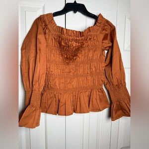 House of Harlow Orange Puff Sleeves Stretch Off Shoulder Smocked Blouse